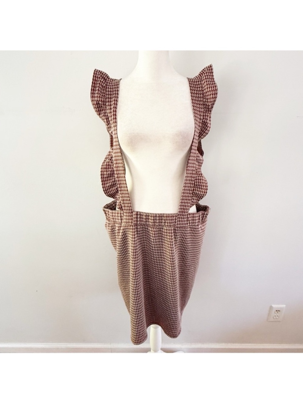 Liberty Love Women Houndstooth Ruffle Suspender Skirt 2XL Academia Clueless 90s